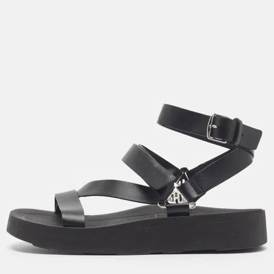 Pre-owned Hermes Galaxy Size 37 Black Leather Ankle Strap Sandals