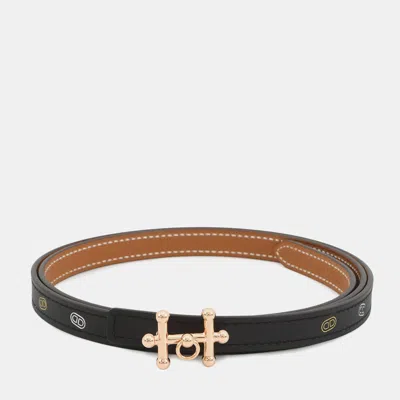 Pre-owned Hermes Gallopin Buckle Sur Mer Belt Black/gold/multicolor Swift Leather Epsom Size 90