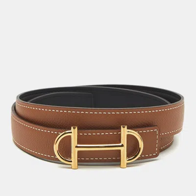 Pre-owned Hermes Gamma 85 Cm Buckle Belt Gold/noir Epsom And Swift Leather In Brown