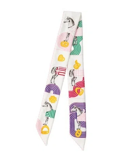 Pre-owned Hermes Garde Robe Pop Charms Silk Twilly Scarf In White
