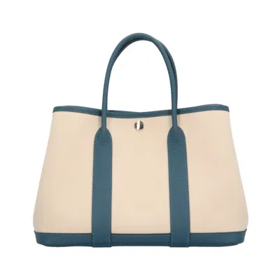 Pre-owned Hermes Garden Beige Blue Toile Chevron Negonda Leather Tote Bag ()