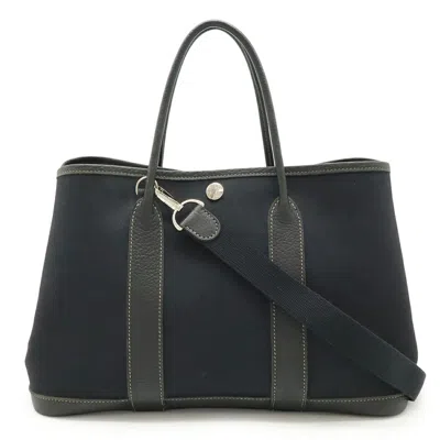 Pre-owned Hermes Garden Black Toile Officier Leather Handbag Shoulder Bag Tote Bag ()