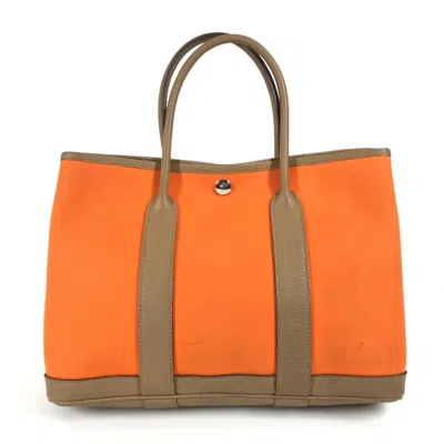 Pre-owned Hermes Garden Brown Orange Toile Officier Negonda Leather Handbag Tote Bag ()