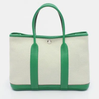 Pre-owned Hermes Garden Party 30 Beige/bamboo Country Toile H Leather Tote Bag In Green