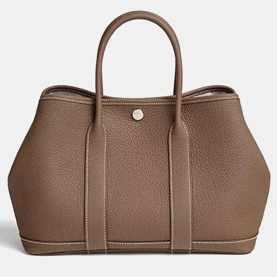 Pre-owned Hermes Garden Party 30 Etoupe Calfskin Handbag In Sand