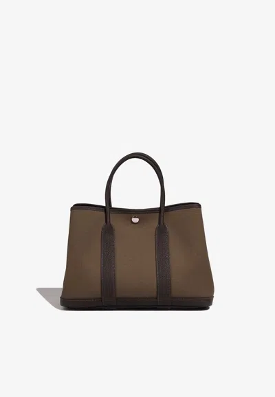 Hermes Garden Party 30 In Ebene Veau Negonda And Toundra Toile Militaire With Palladium Hardware In Brown