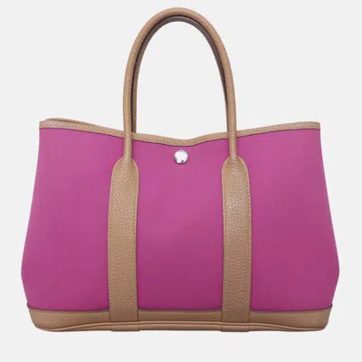 Pre-owned Hermes Garden Party 30 Rose Pourpre/biscuit Canvas Leather Tote In Brown