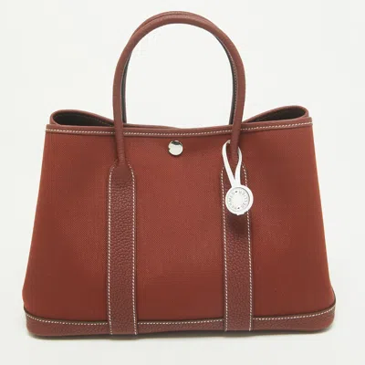 Pre-owned Hermes Hermès Garden Party 30 Rouge H Toile Militaire And Negonda Leather Tote In Red