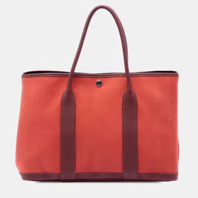 Pre-owned Hermes Garden Party 30 Toile Negonda Calfskin Leather Tote Bag In Red