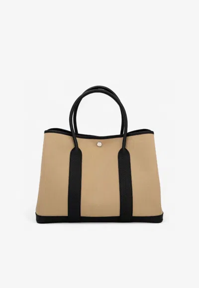 Hermes Garden Party 36 In Trench Toile And Black Negonda Leather In Brown