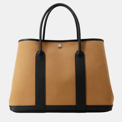Pre-owned Hermes Garden Party Biscuit/black Toile H Negonda Leather Pm