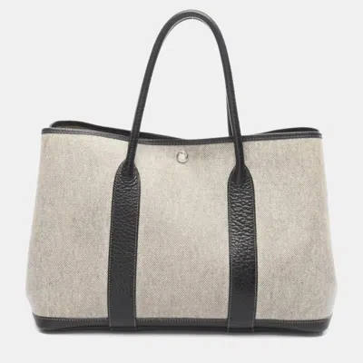 Pre-owned Hermes Garden Party Gray Black Toile H Canvas Leather F Tote Pm