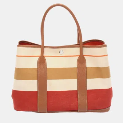 Pre-owned Hermes Garden Party Pm Beige Brown Leather Toransat Locabal Tote Bag In Sand