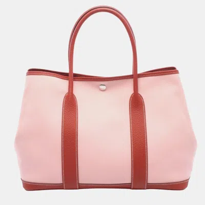 Pre-owned Hermes Garden Party Pm Rose Sakura Rouge Duchesse Toile Officier Country Leather Tote Bag In Pink