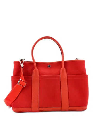Pre-owned Hermes Garden Party Pockets Toile And Leather 36 Tote Bag In Red