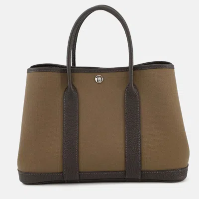 Pre-owned Hermes Garden Party Toundra/ebene Toile Military Negonda Leather Tpm In Brown