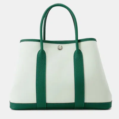 Pre-owned Hermes Garden Party Vertpeppermint/vertmoyen Toile Military Negonda Leather Tpm In Green