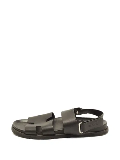 Pre-owned Hermes Genius Leather Flat Sandals In Black
