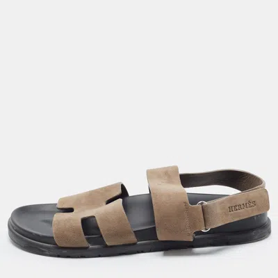 Pre-owned Hermes Genius Size 43 Brown Suede Flat Slingback Sandals