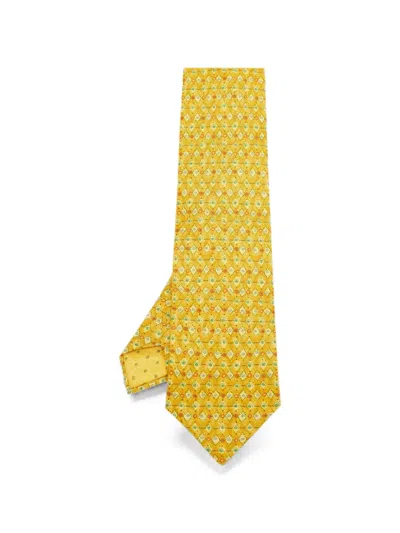 Pre-owned Hermes Geometric Spiral-print Tie In Yellow