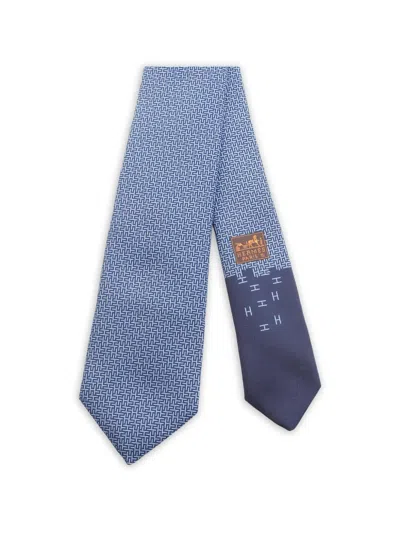 Pre-owned Hermes Geometrical-h Silk Tie In Blue