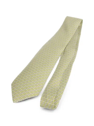 Pre-owned Hermes Geometric-pattern Silk Tie In Gray