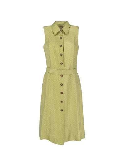 Pre-owned Hermes Geometric-print Belted Midi Dress In Green