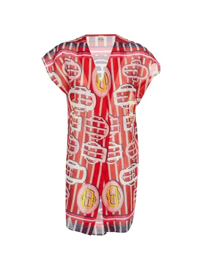 Pre-owned Hermes Geometric-print Open-front Cover-up In Red
