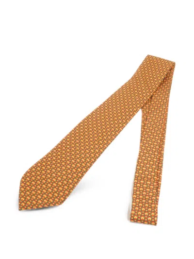 Pre-owned Hermes Geometric-print Silk Tie In Orange