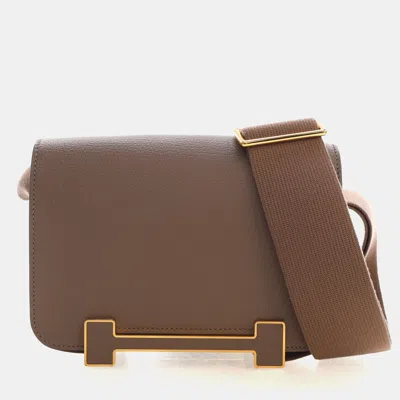 Pre-owned Hermes Geta Etoupe Chevre Mysore Leather Shoulder Bag In Brown