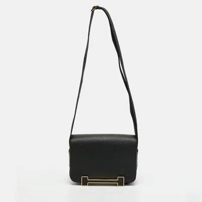 Pre-owned Hermes Geta Gold Finish Noir Chevre Mysore Leather Shoulder Bag In Black