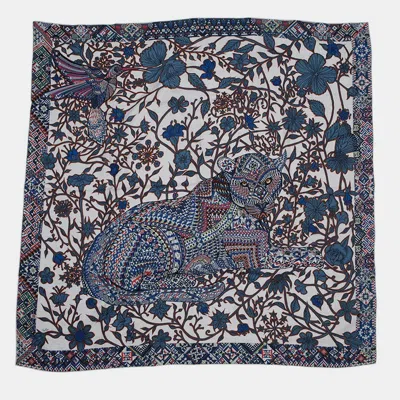 Pre-owned Hermes Giant Square Le Jaguar Et Le Colib The Jaguar And The Hummingbird Gris Cine/blue/acajou Cashmere Sil