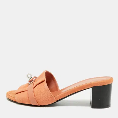 Pre-owned Hermes Hermès Gigi Size 37 Brown Leather And Suede Block Heel Slide Sandals