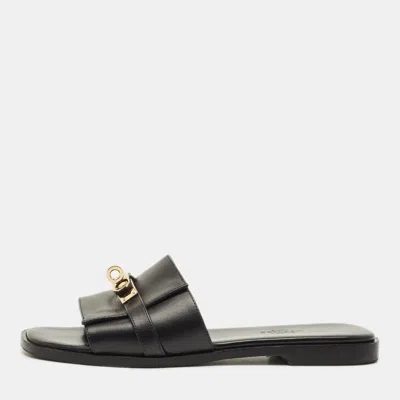 Pre-owned Hermes Giulia Size 37 Black Leather Flat Slide