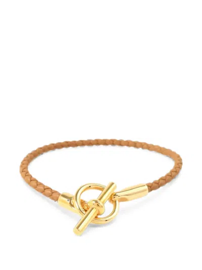 Pre-owned Hermes Glenan Braided Leather Bracelet In Gold