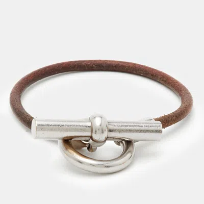 Pre-owned Hermes Hermès Glenan H Brown Leather Palladium Plated Bracelet
