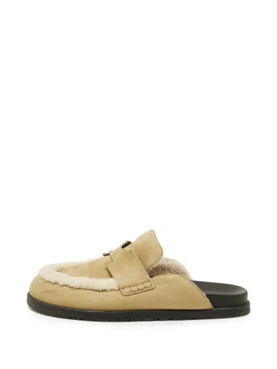 Pre-owned Hermes Go Shearling-trim Suede Mules In Neutral