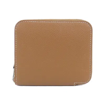 Pre-owned Hermes Gold Beige Celeste Epsom Leather Silk Wallet (bi-fold) () In Gold, Beige, Celeste