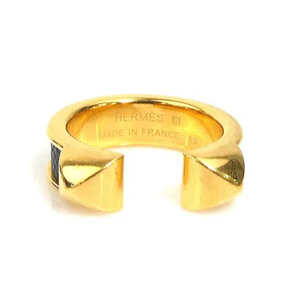 Pre-owned Hermes Gold Black Leather Metal Band Ring () In Gold, Black