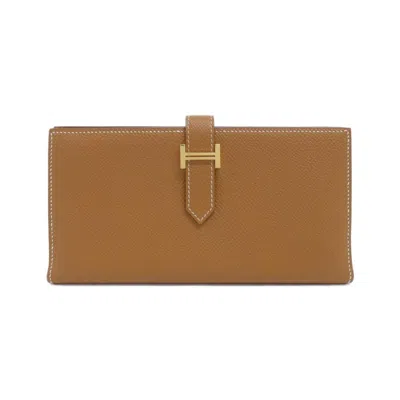 Pre-owned Hermes Gold Brown Epsom Leather Long Wallet (bi-fold) () In Gold, Brown