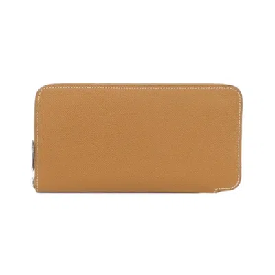 Pre-owned Hermes Gold Brown Epsom Leather Silk Long Bill Wallet (bi-fold) ()