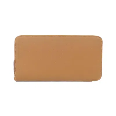 Pre-owned Hermes Gold Brown Silk Evercalf Leather Long Wallet (bi-fold) () In Gold, Brown