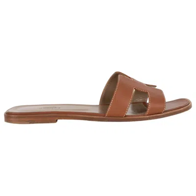 Pre-owned Hermes Gold Camel Brown Leather Oran Slide Sandals Shoes 41.5