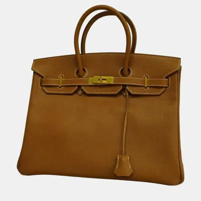Pre-owned Hermes Gold Couchevel Birkin 35 F Engraved Ladies Handbag In Brown