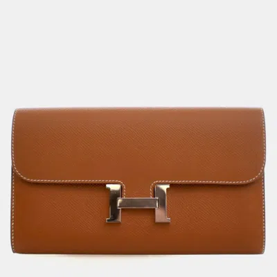 Pre-owned Hermes Gold Epsom Constance Long Wallet In Brown