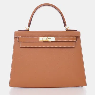 Pre-owned Hermes Gold Epsom Kelly 28 Handbag In Brown