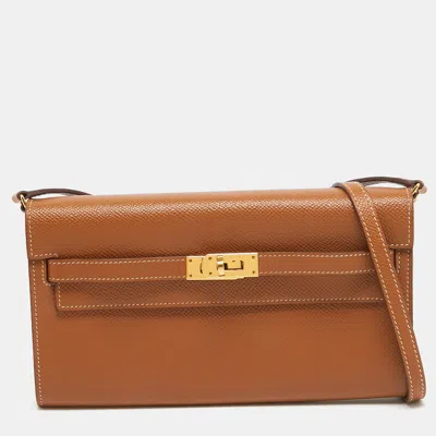 Pre-owned Hermes Gold Epsom Leather Kelly To Go Wallet In Brown