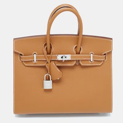 Pre-owned Hermes Gold Epsom Leather Palladium Finish Birkin Sellier 25 Bag In Brown