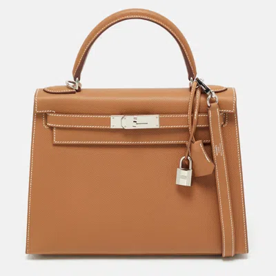 Pre-owned Hermes Gold Epsom Leather Palladium Finish Kelly Sellier 28 Bag In Brown