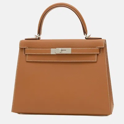 Pre-owned Hermes Gold Epson Kelly Handbag In Brown